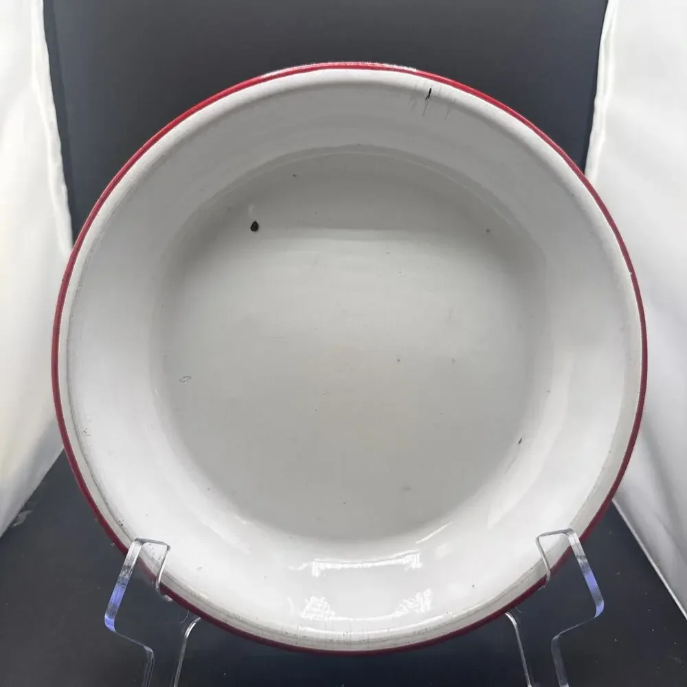 Vintage White Red Rim Enamelware Dinner Plate Farmhouse Camp Rustic 9.25 Inches